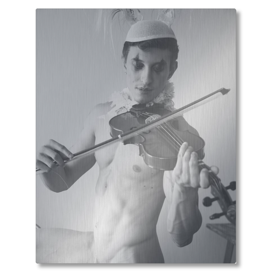 Violin Player 11x14 B&W print on brushed metal